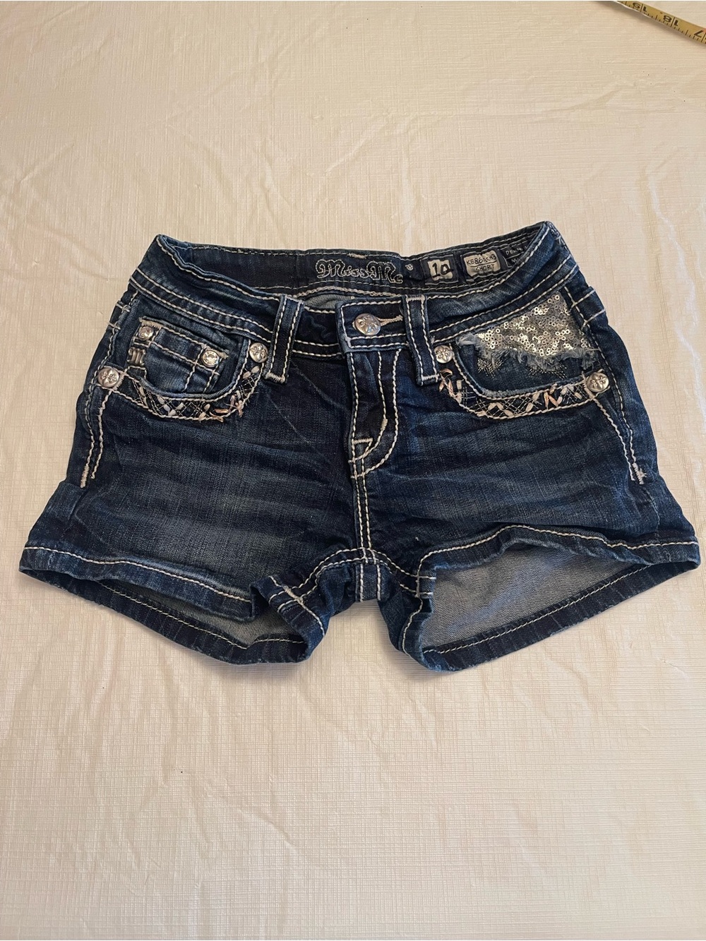 Miss Me Girls’Distressed Dark Blue Jean Shorts with Sequin Accent EUC 10 Size 10